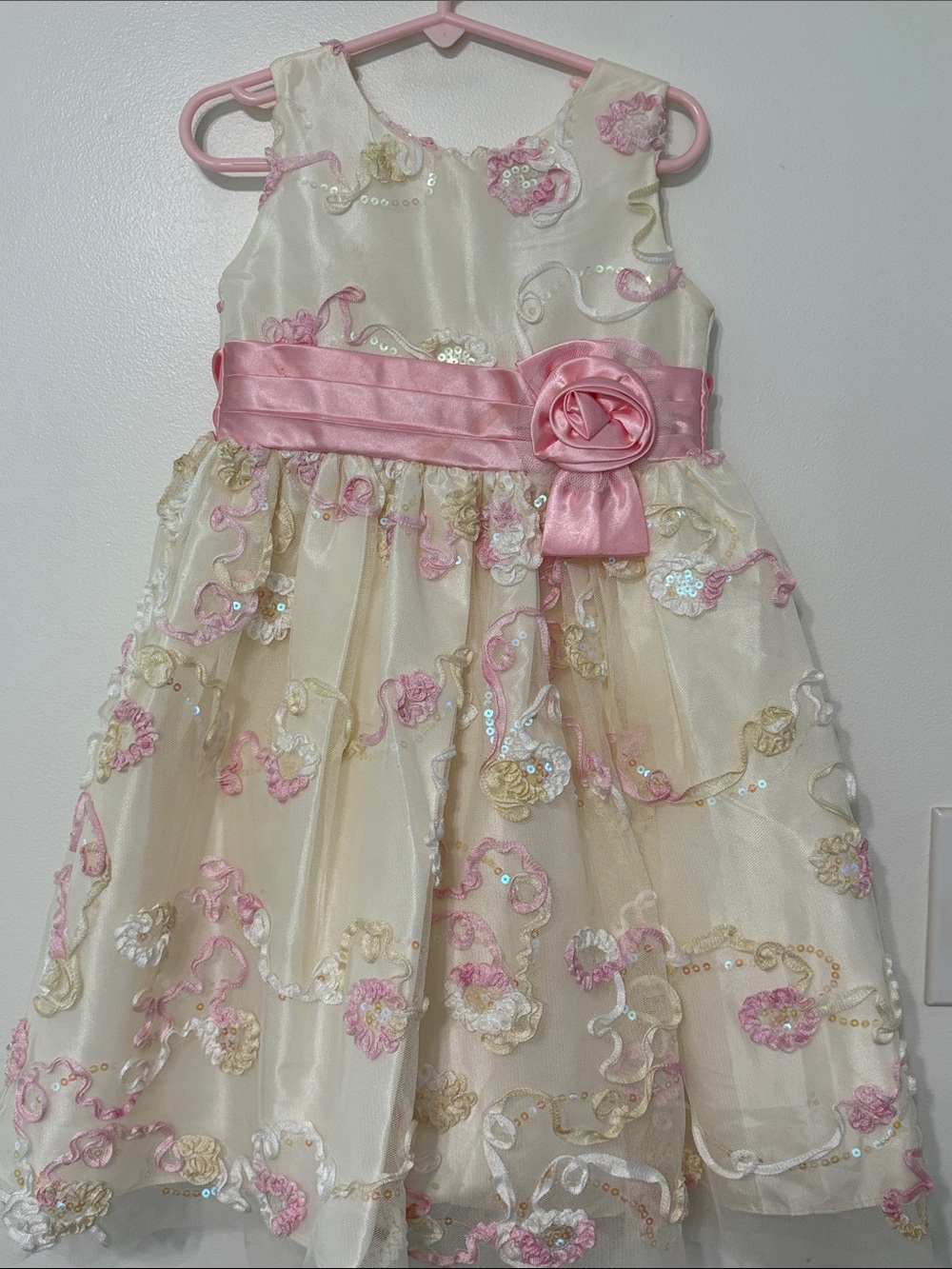 Jayne Copeland Ivory and Pink Floral Satin-Band Girls Formal Dress
